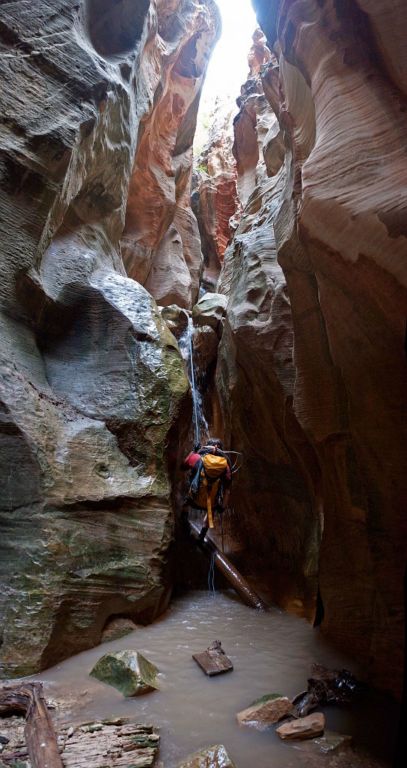 Andrew McKinney on rappel in Boundary Canyon