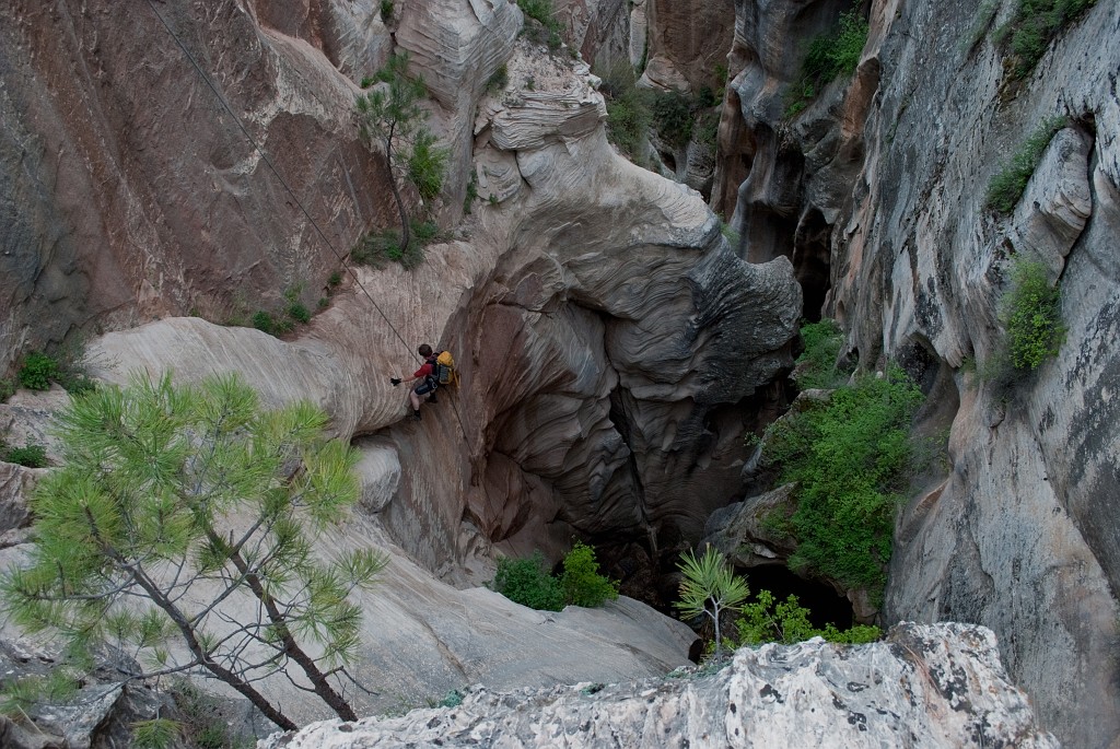Andrew McKinney on the entrance rappel into Boundary Canyon.