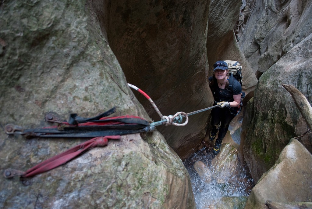 Cami Pulham rappeling in Boundary Canyon