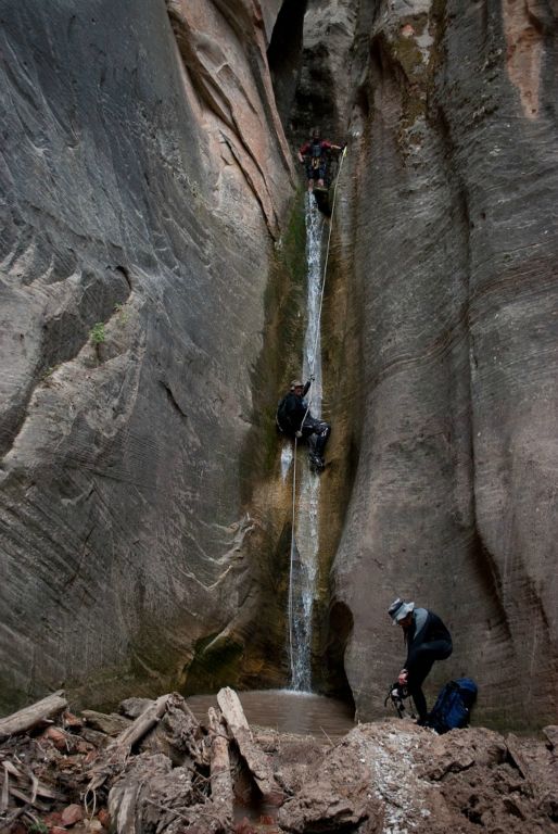 Chad Utterback on the last rappel of Boundary Canyon with Andrew McKinney and Tim Barnhart