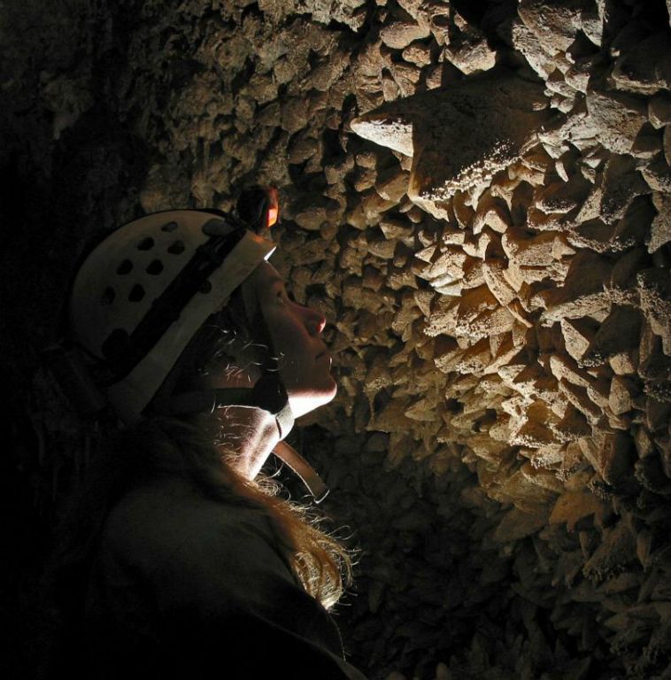 Jennifer Foote studying the crystals in Idono Crystal Cave