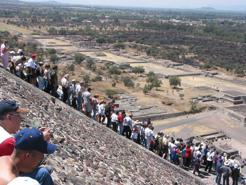 The herds of people climbing the temple of the sun with ruins in the background.