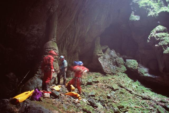 The Australian team organizing in the entrance of Cueva de Atanacio.  Photo by Brandon Kowallis