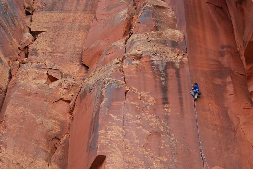 Terry climbing Super Crack ofd the Desert in Indian Creek, Utah