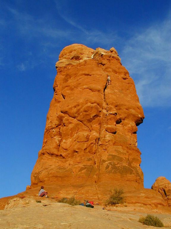 Terry Acomb at top of the Owl in Arches National Park       