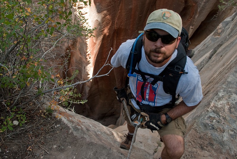 Kyle Voyles on the 300-ft entrance rappel to Englestead Canyon