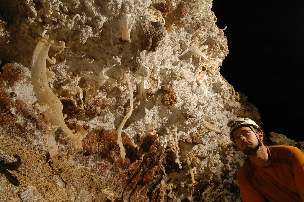 Neil Marchington with gypsum curls in Leandras Cave.  Photo by Brandon Kowallis.