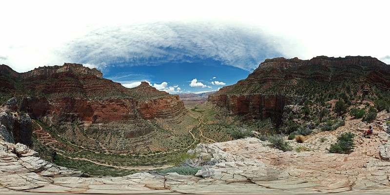Panoramic Photo of Janel Macy at the 3 Mile Rest Station in the Grand Canyon