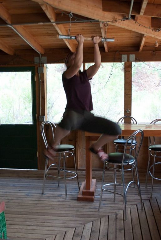 Rachael Keske showing us how many chin-ups she could do at our Bunk House at Phantom Ranch.
