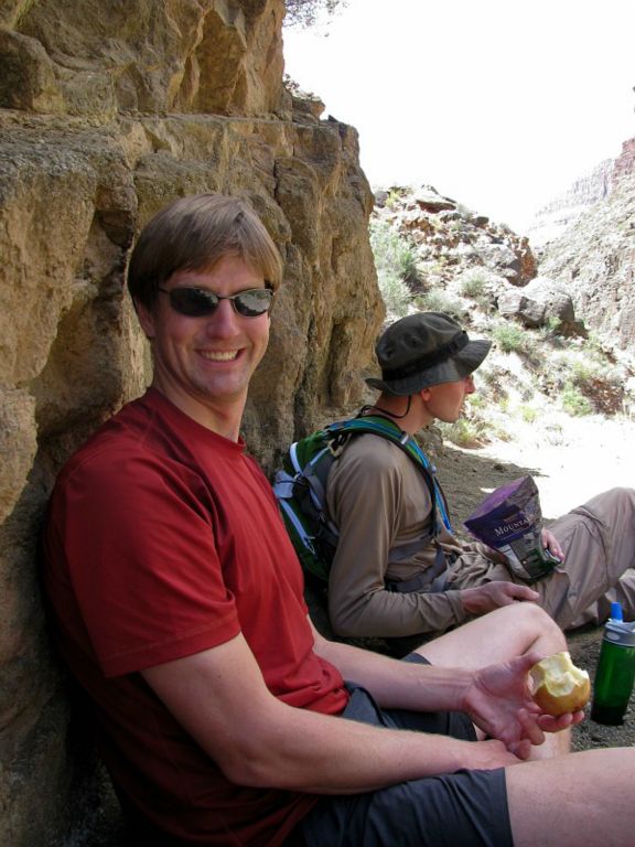 Jon Jasper and Mike Mays taking a rest along the North Kaibab Trail.  Photo by Janel Macy.