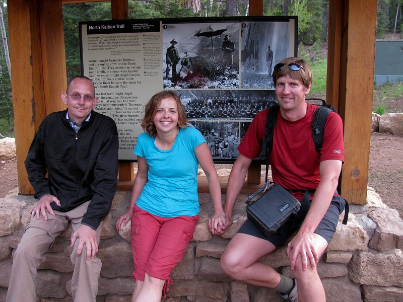 Mike Mays, Janel Macy, and Jon Jasper at the Trailhead of the North Kiabab at the North Rim of the Grand Canyon.  We made it!    Photo by Janel Macy.