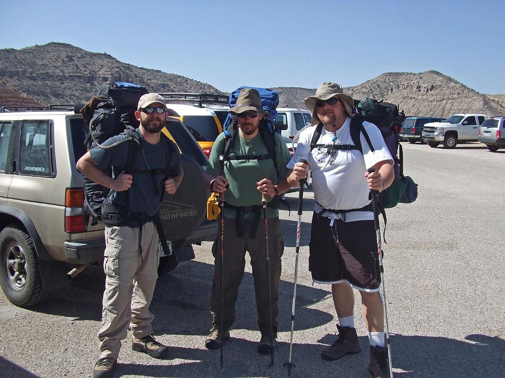 Jason, Matt, and Chad at the start of the hike down to Havasu.  Photo by TIm Barnhart