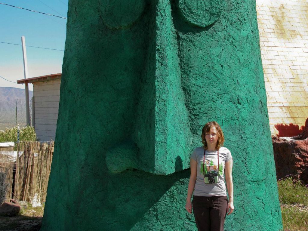 Janel Macy and the green thing along Route 66.