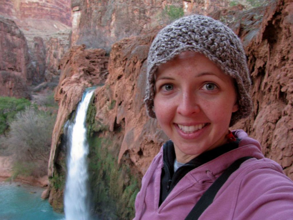 Smiling Janel Macy in front of Havasu Falls.  Photo by Janel Macy.