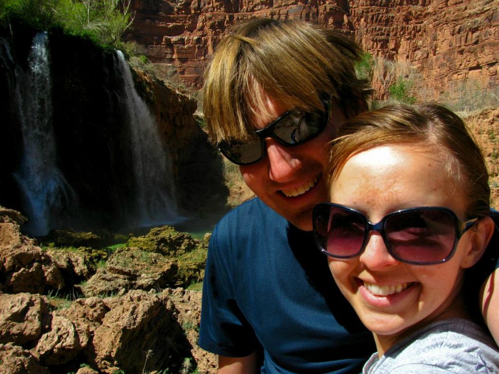 Jon Jasper and Janel Macy together in front of new Supai Falls.  Photo by Janel Macy.