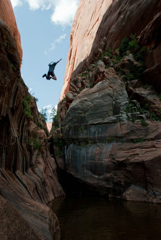 Jon Jasper leaping into space at the end of Ice Box Canyon