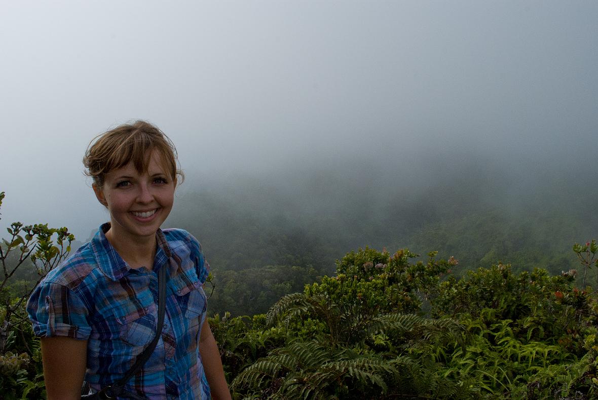 Janel Macy with the cloudy view from Pihea Vista