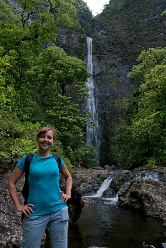 Janel Macy in front of Hanakapi'ai Falls.
