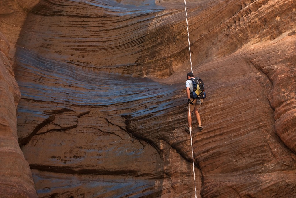 Joel Silverman on the first series of rappels in Behunin Canyon.