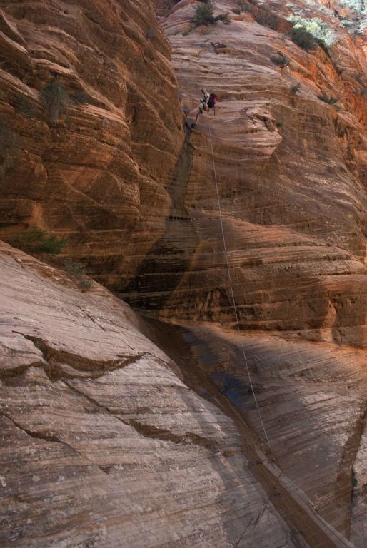 Shaun Roundy on the first rappel series in Behunin Canyon.