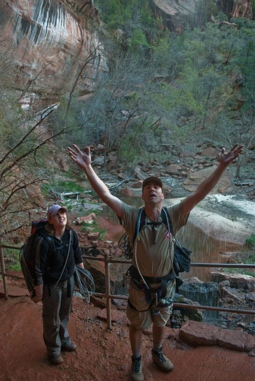 Shaun Roundy singing in the rain... well sort of ... singinig under the waterfalls of Lower Emerald Pools