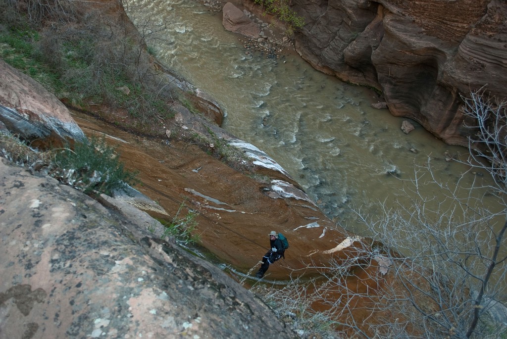 Chad Utterback giving the thumbs up on the final rappel into the Zion Narrows from Mystery Canyon.