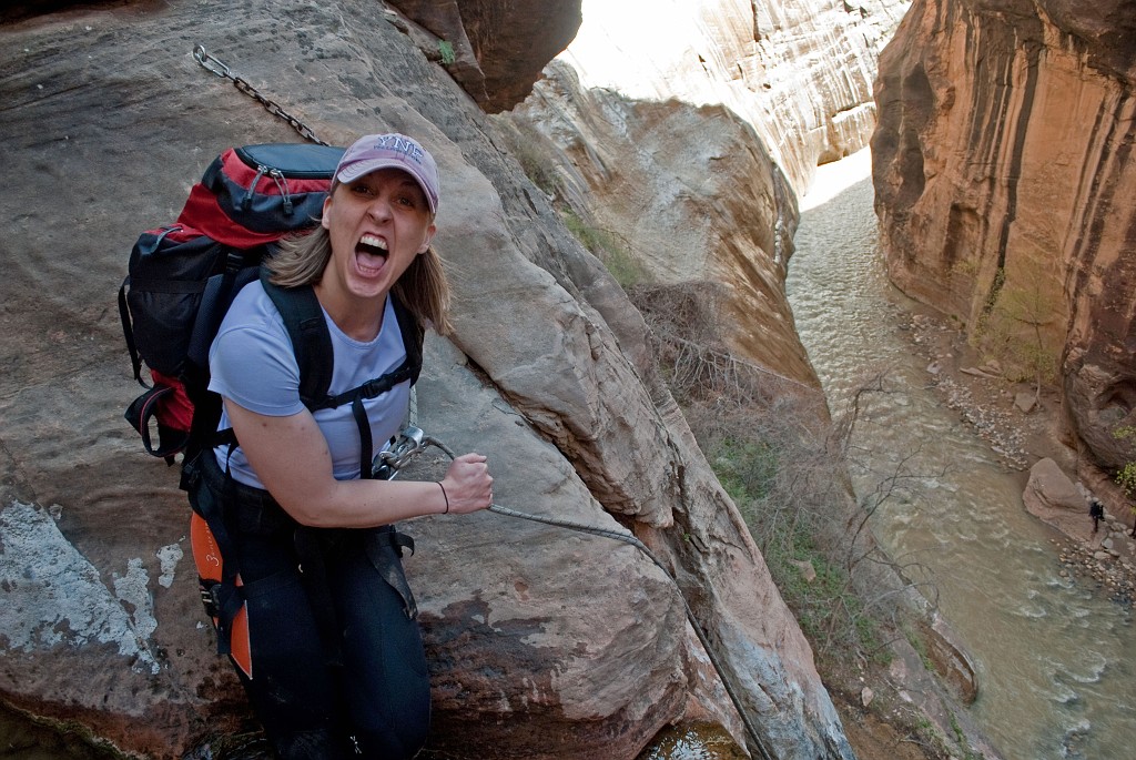Rachael Keske releaving stress before the final rappel in Mystery Canyon.