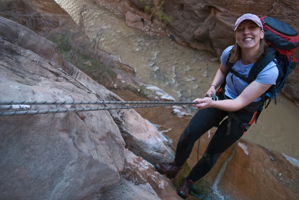 Rachael Keske with total comfort on the final rappel of Mystery Canyon.
