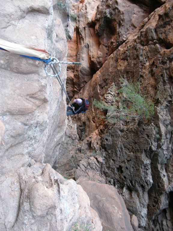 Rachael Keske on the second to last rappel in Behunin Canyon. Photo by Shaun Roundy.