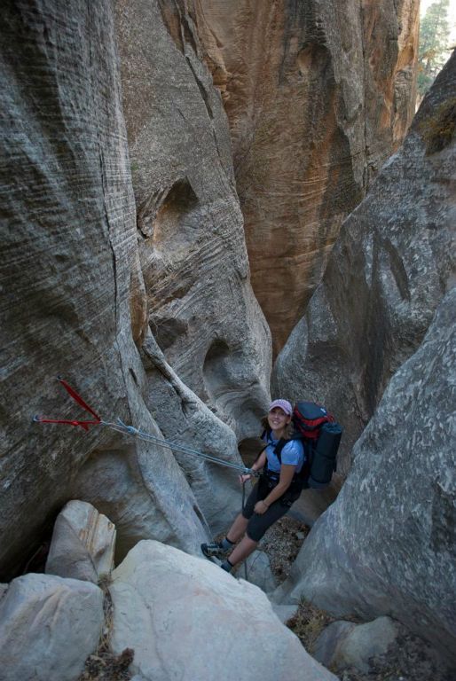Rachael Keske rappeling in Blue Canyon on route to the Right Fork