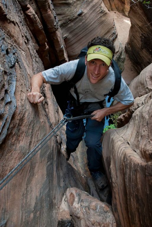 Joel Silverman rappeling in Spry Canyon.