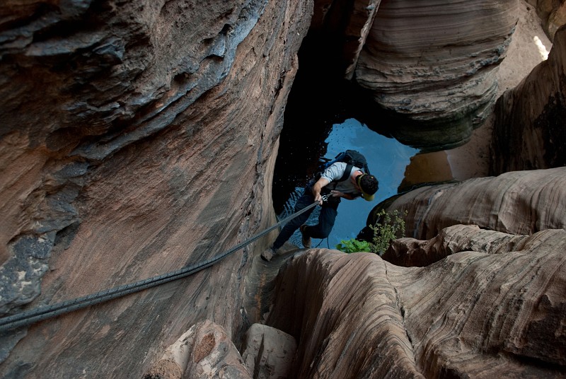 Joel Silverman rappeling in Spry Canyon.