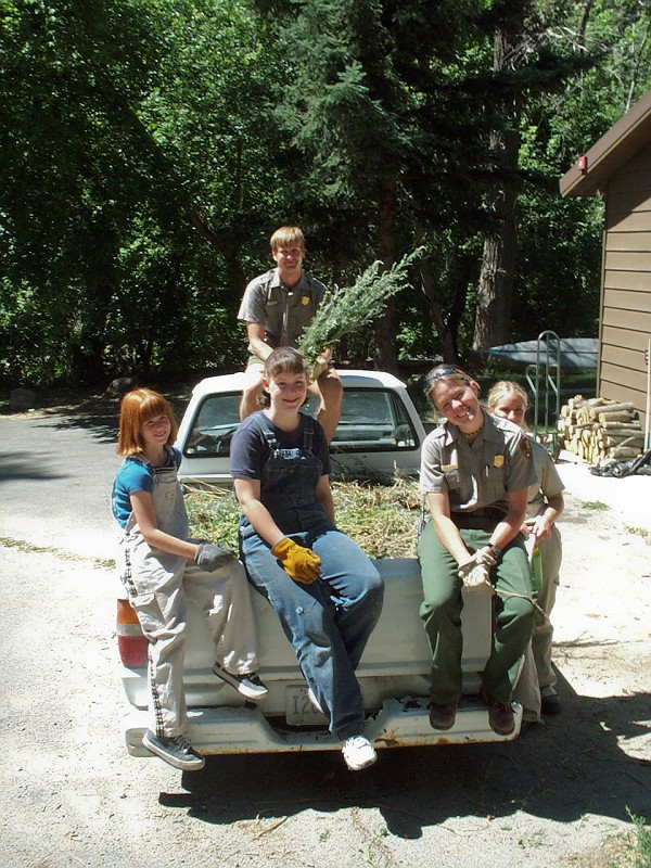 Jon Jasper, Cami Pulham, and volunteers with a pickup truck load of Spotted Knapweed.