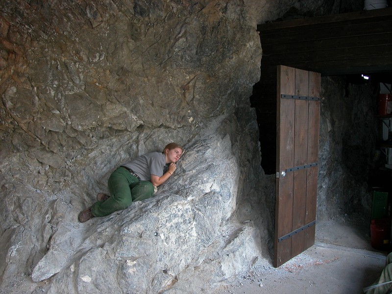 Becky Peterson resting at the exit to Timpanogos Cave.
