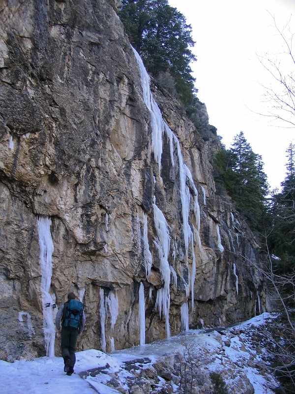Jon Jasper walking past an ice covered half-way point.