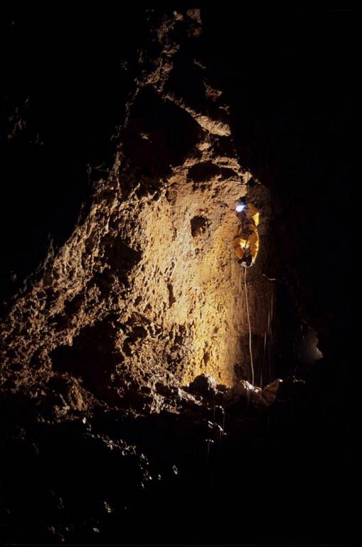Dave Shurtz ascending at the bottom of the second pit in Main Drain Cave