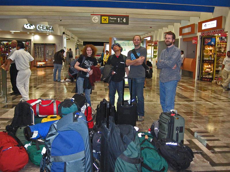 Some of the crew (Spalla, Masato, Ed, and Jack) and gear waiting in the Tampico airport.  Photo by Amy