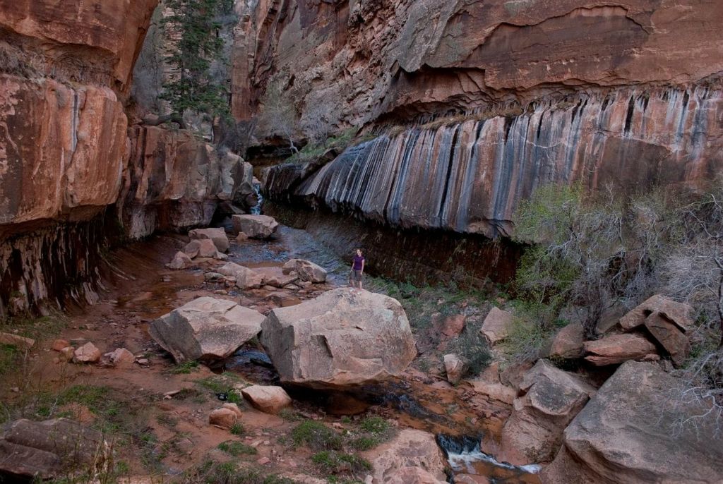 Janel Macy climbing boulder in the entrance the narrows of Water Canyon