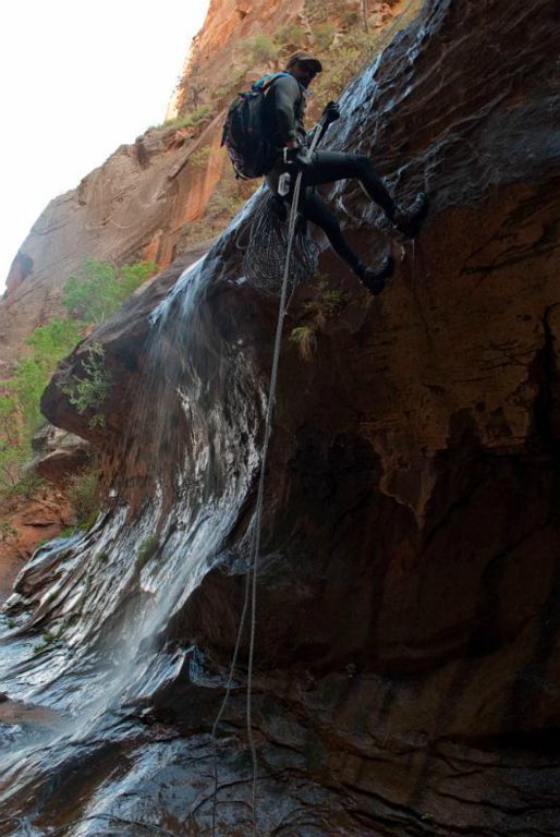 Kyle Voyles rappeling the first waterfall.
