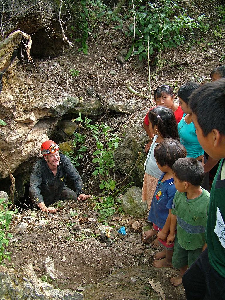 Jon Jasper exiting cave to the group of very interested Mexicans.  Photo by Megan Porter