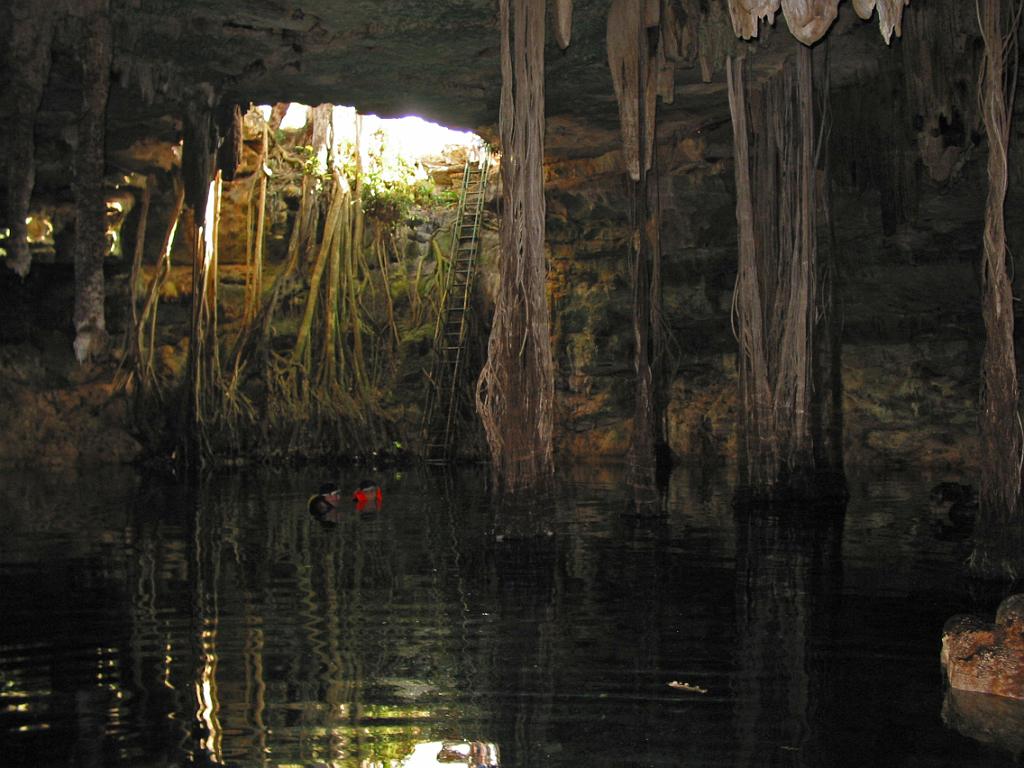 The Cenote de Kankirixche was our next stop.  The cenote was extremely impressive.  The entrance was about 12 ft diameter hole dropping about 30 ft to water.  The room was approximately 120 ft diameter with submersed large passage going to a depth of 160 according to the sign.  Megan got some new species of Mysids that she hadn't collected yet that made her extremely happy.