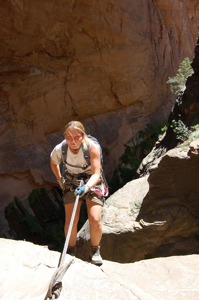 Christina on the 115 ft rappel in Mystery Canyon.