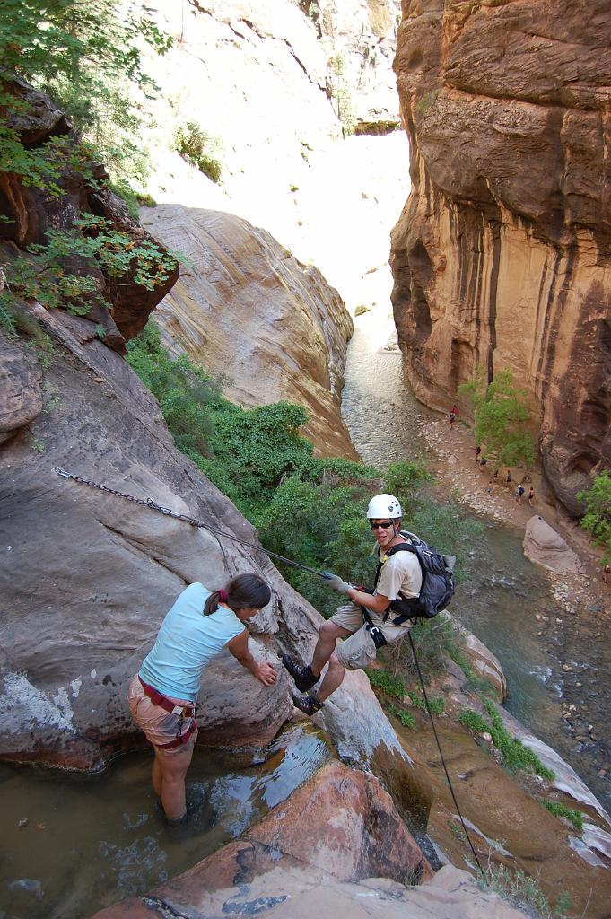 Mark and Cindy on the final rappel in the Zion Narrows from Mystery Canyon.