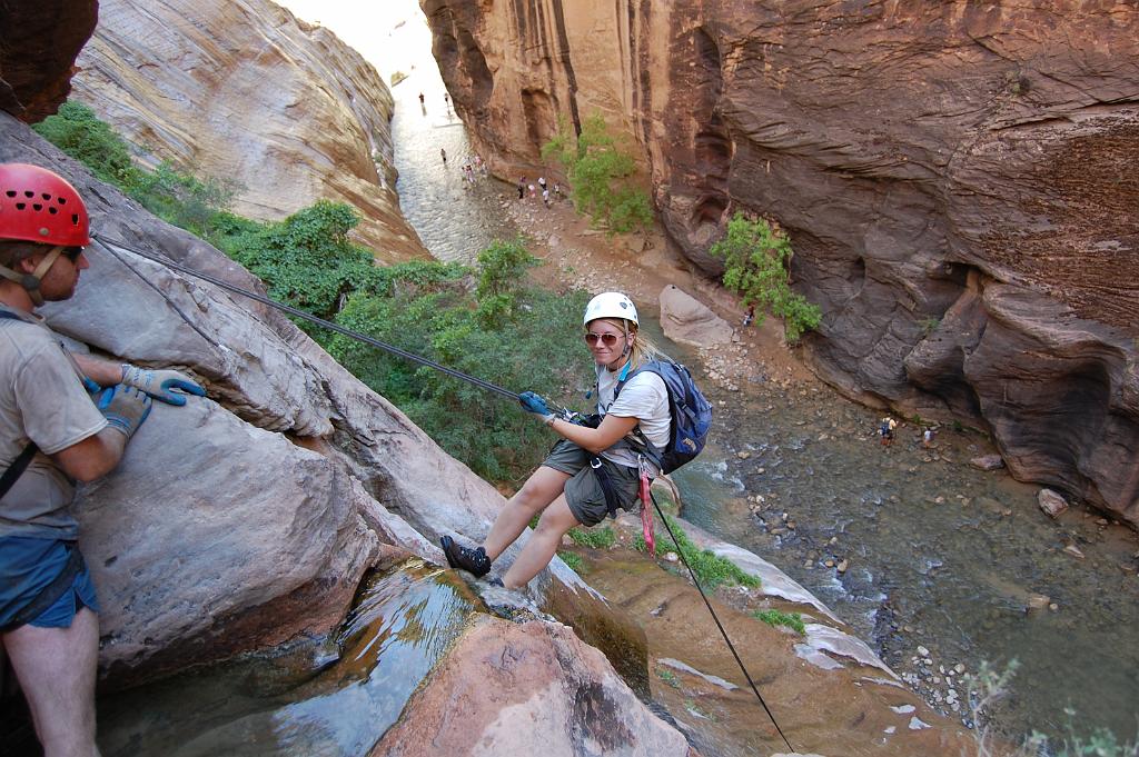 Christina and Shane on the final rappel in the Zion Narrows from Mystery Canyon.