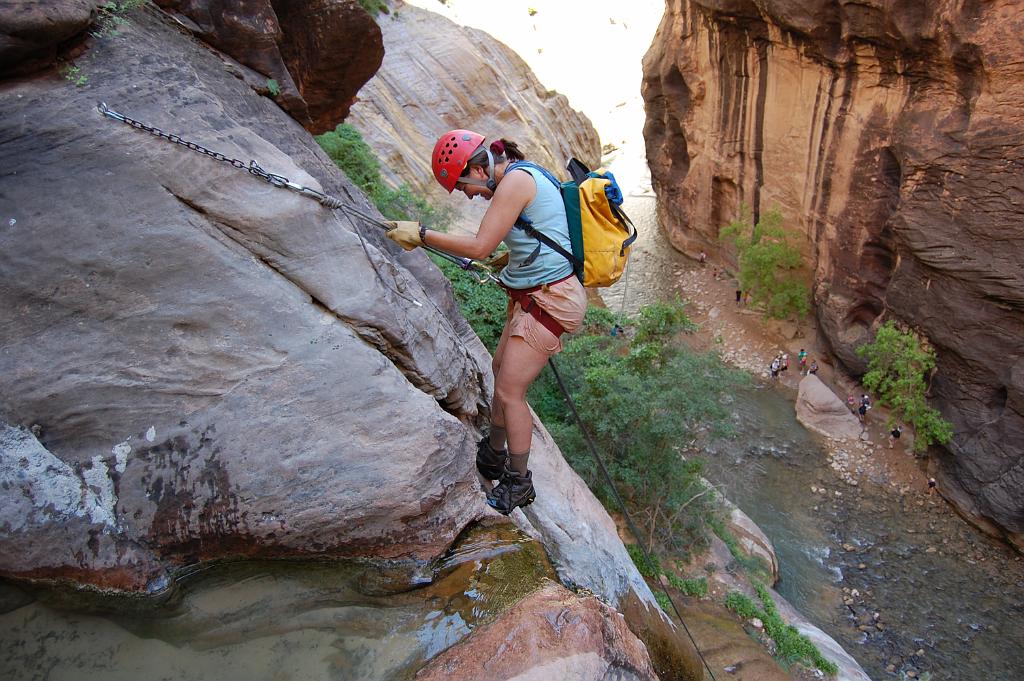 Cindy on the final rappel in the Zion Narrows from Mystery Canyon.