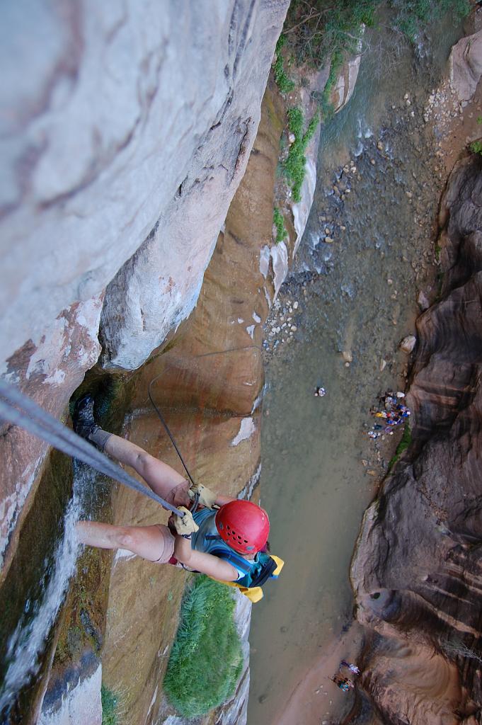 Cindy on the final rappel in the Zion Narrows from Mystery Canyon.