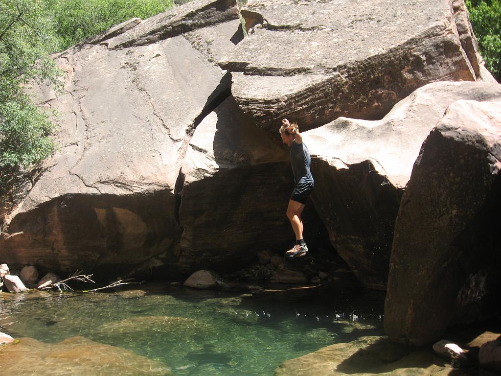 Jon Jasper jumping into pool at the end of the Pine Creek Canyon hike.  Photo by Jason Mateljak.