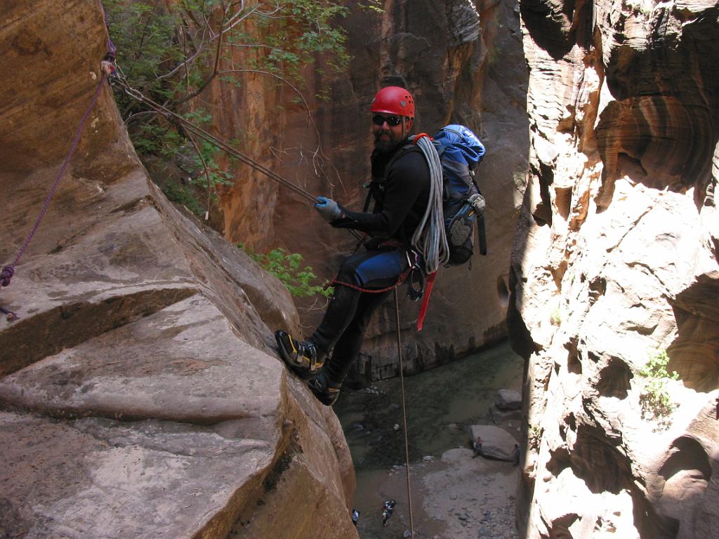 Jason Mateljak on the last rappel of Imlay Canyon into the Zion Narrows.
