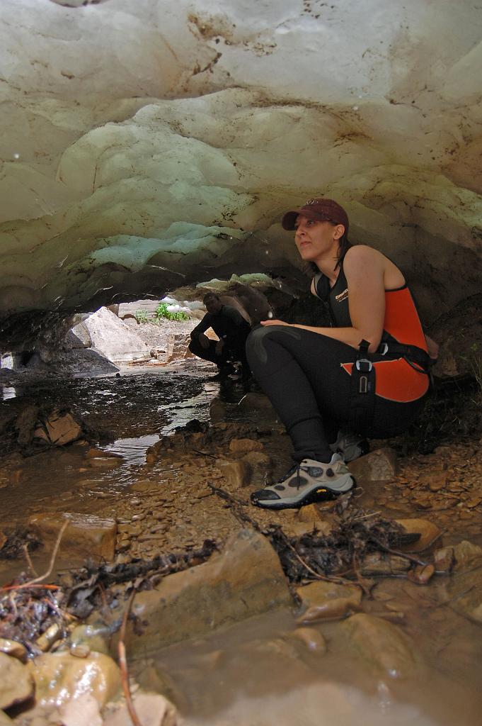 Racheal Keske and Tim Barnhart inspecting the short ice cave in North fork of Oak Creek Canyon.