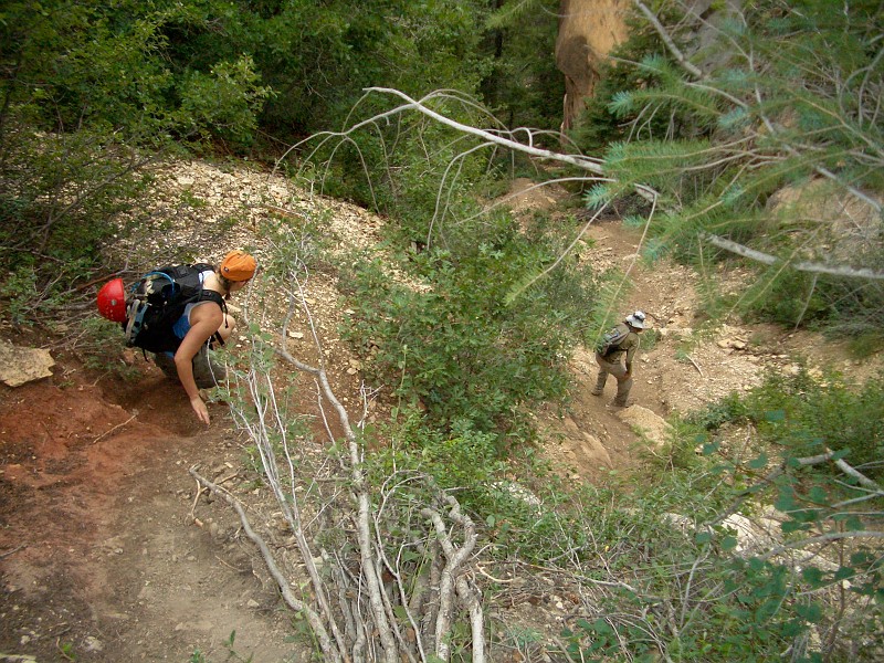Megan Porter and Tim Barnhart heading down the steep slope into Mystery Canyon.  Photo by Kate Feller.
